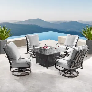 Oakland Living AZRICA-RONIN-5PC-AC Aluminum 42 in. Square Table Four Deep Swivel Rockers, Fire Beads, Lid and Fabric Covers Patio Furniture Set, Antique Copper