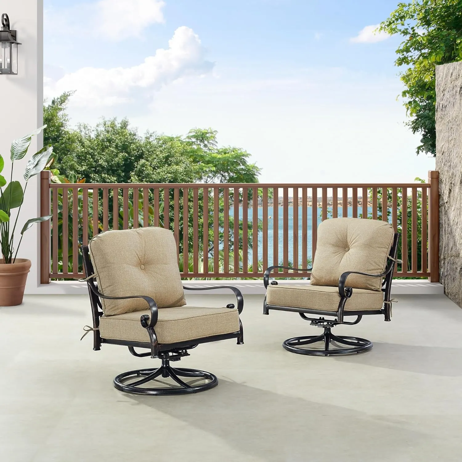 Oakland Living Pair of Black Aluminum Patio Deep Seating Swivel Rocker Club Chairs with Tan Cushions