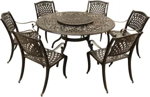 Oakland Living Rose Contemporary Modern and Ornate Traditional Outdoor Mesh Lattice Aluminum 59 inch Bronze Round Dining Set with Lazy Susan and Six Chairs
