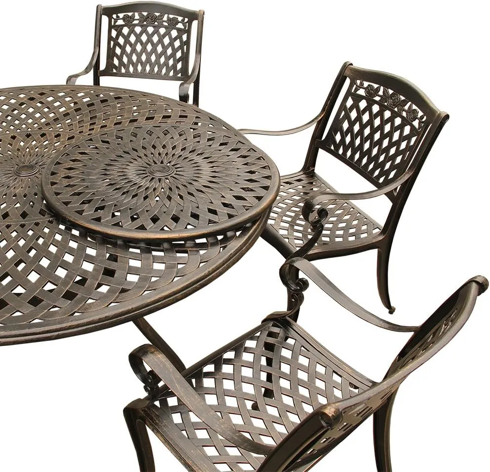 Oakland Living Rose Contemporary Modern and Ornate Traditional Outdoor Mesh Lattice Aluminum 59 inch Bronze Round Dining Set with Lazy Susan and Six Chairs