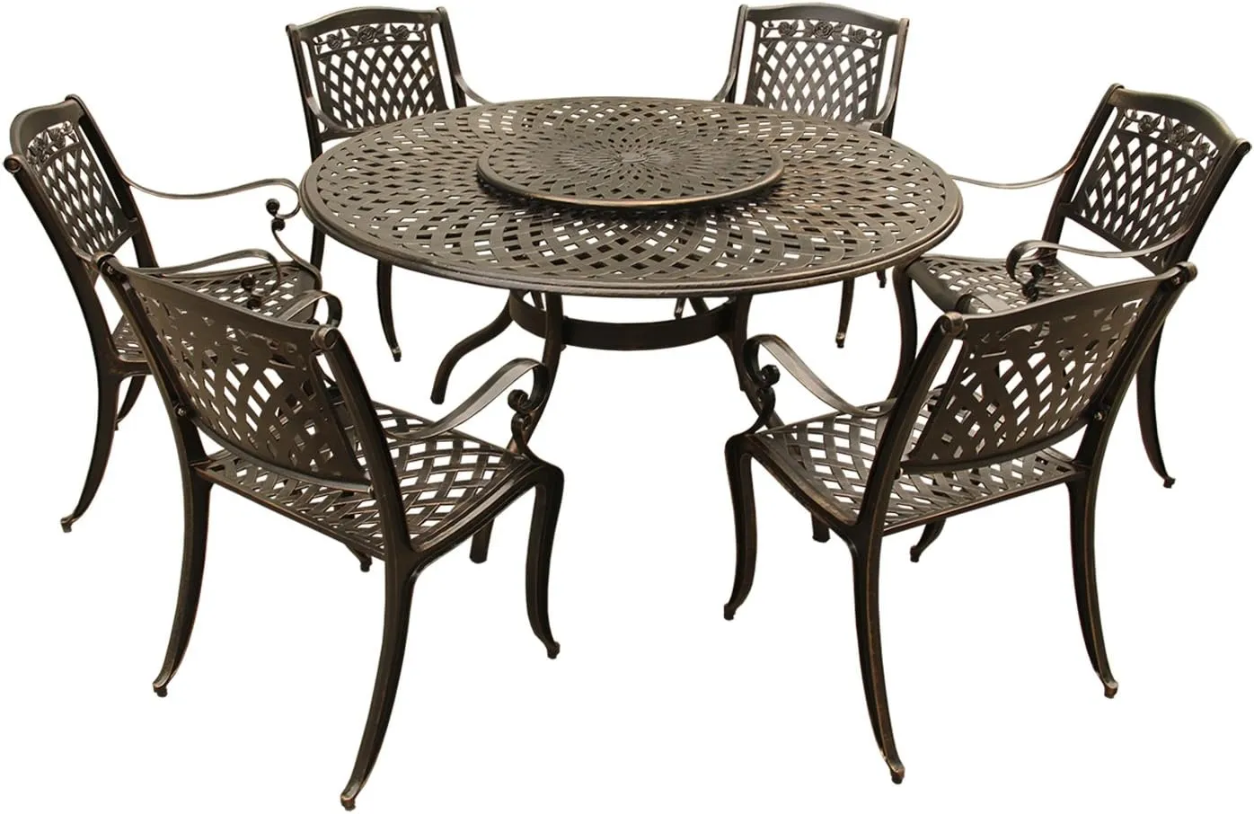 Oakland Living Rose Contemporary Modern and Ornate Traditional Outdoor Mesh Lattice Aluminum 59 inch Bronze Round Dining Set with Lazy Susan and Six Chairs