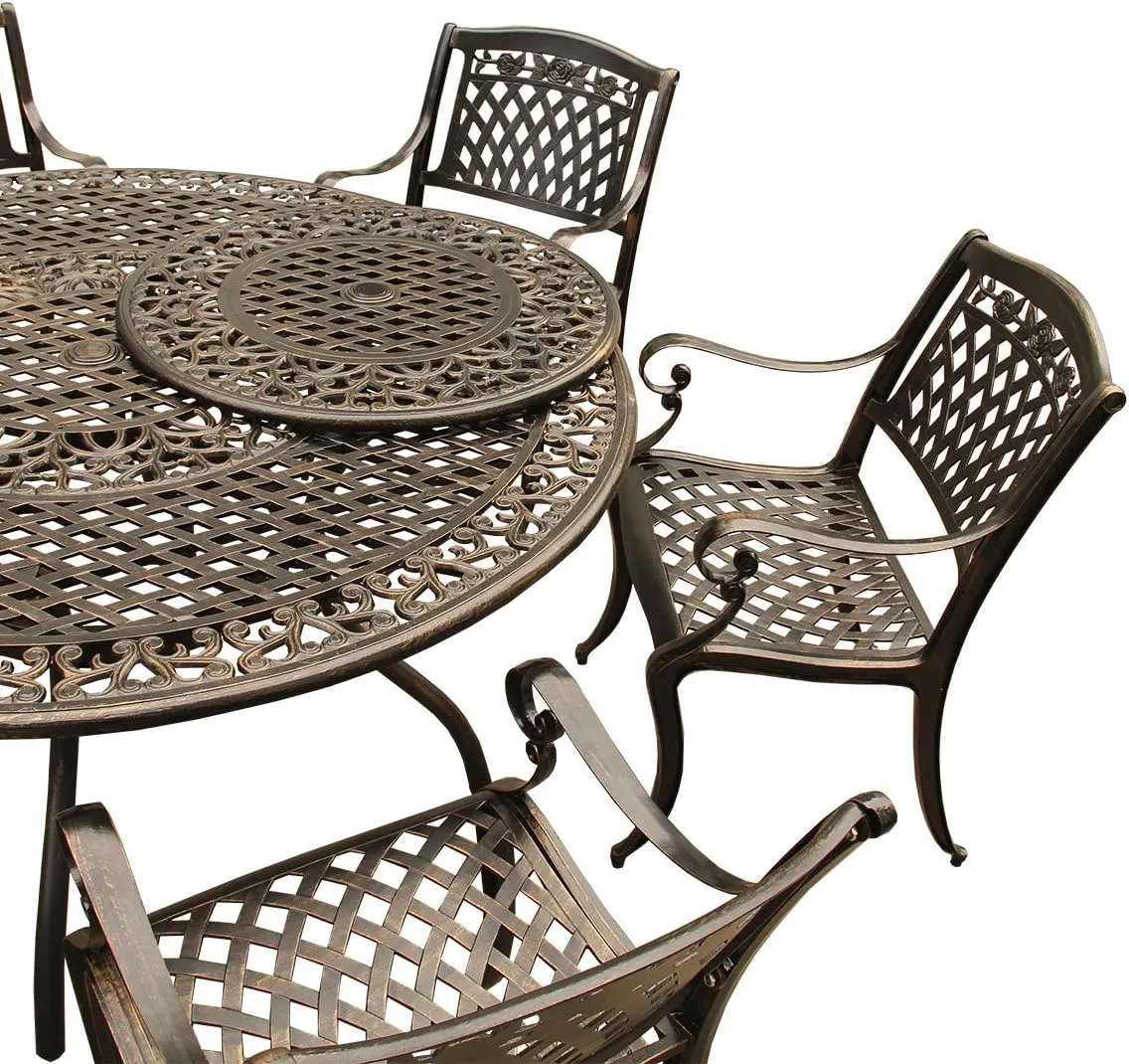 Oakland Living Rose Ornate Traditional Outdoor Mesh Lattice Aluminum 59 inch Bronze Round Dining Set with Lazy Susan and Six Chairs