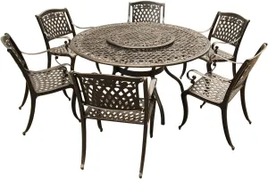 Oakland Living Rose Ornate Traditional Outdoor Mesh Lattice Aluminum 59 inch Bronze Round Dining Set with Lazy Susan and Six Chairs