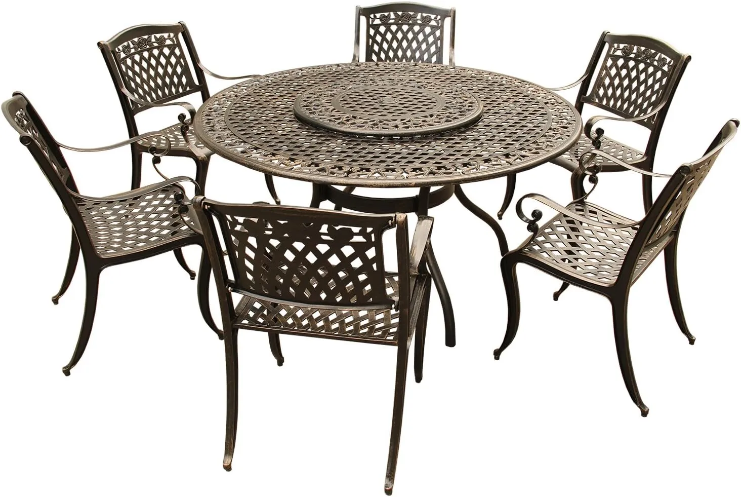 Oakland Living Rose Ornate Traditional Outdoor Mesh Lattice Aluminum 59 inch Bronze Round Dining Set with Lazy Susan and Six Chairs