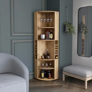 Oban Corner Bar Cabinet for Entertaining, Ample Storage with Five Shelves and Eight Bottle Cubbies, Gorgeous Light Oak Finish