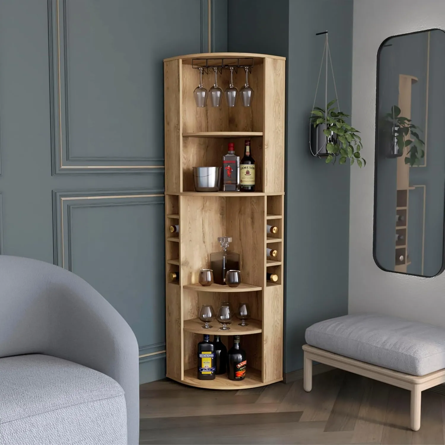 Oban Corner Bar Cabinet for Entertaining, Ample Storage with Five Shelves and Eight Bottle Cubbies, Gorgeous Light Oak Finish
