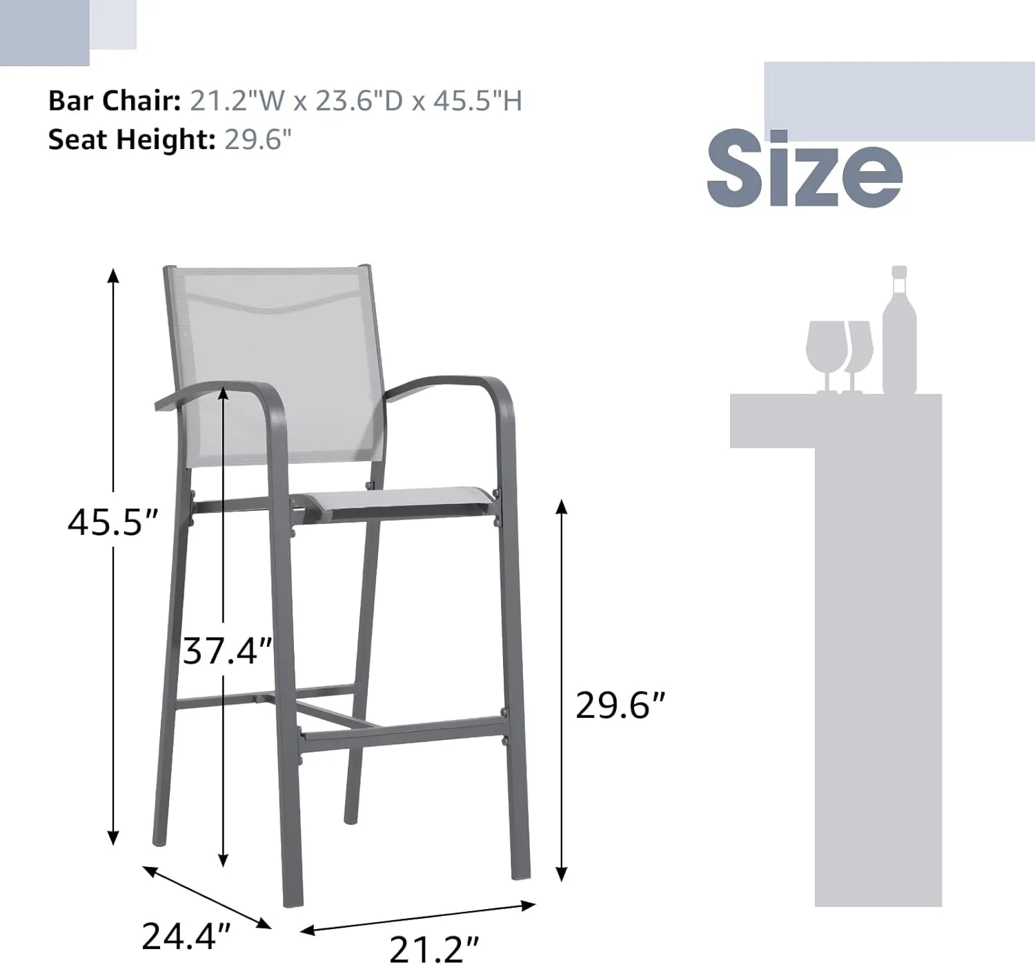 OC Orange-Casual Outdoor Bar Stool Set of 4, All-Weather Aluminum Textile Fabric High Top Patio Dining Chair, Counter Height Metal Barstool High Back Armchair, for Backyard, Porch, Balcony, Grey