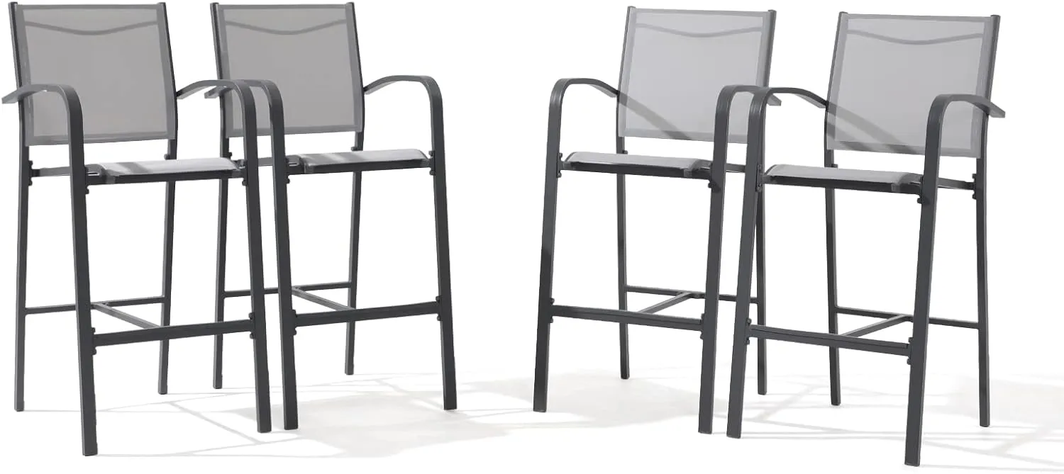 OC Orange-Casual Outdoor Bar Stool Set of 4, All-Weather Aluminum Textile Fabric High Top Patio Dining Chair, Counter Height Metal Barstool High Back Armchair, for Backyard, Porch, Balcony, Grey