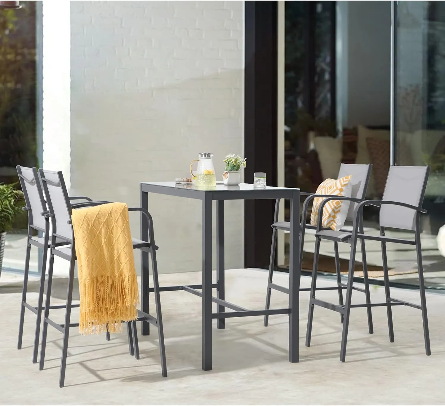 OC Orange-Casual Outdoor Bar Stool Set of 4, All-Weather Aluminum Textile Fabric High Top Patio Dining Chair, Counter Height Metal Barstool High Back Armchair, for Backyard, Porch, Balcony, Grey