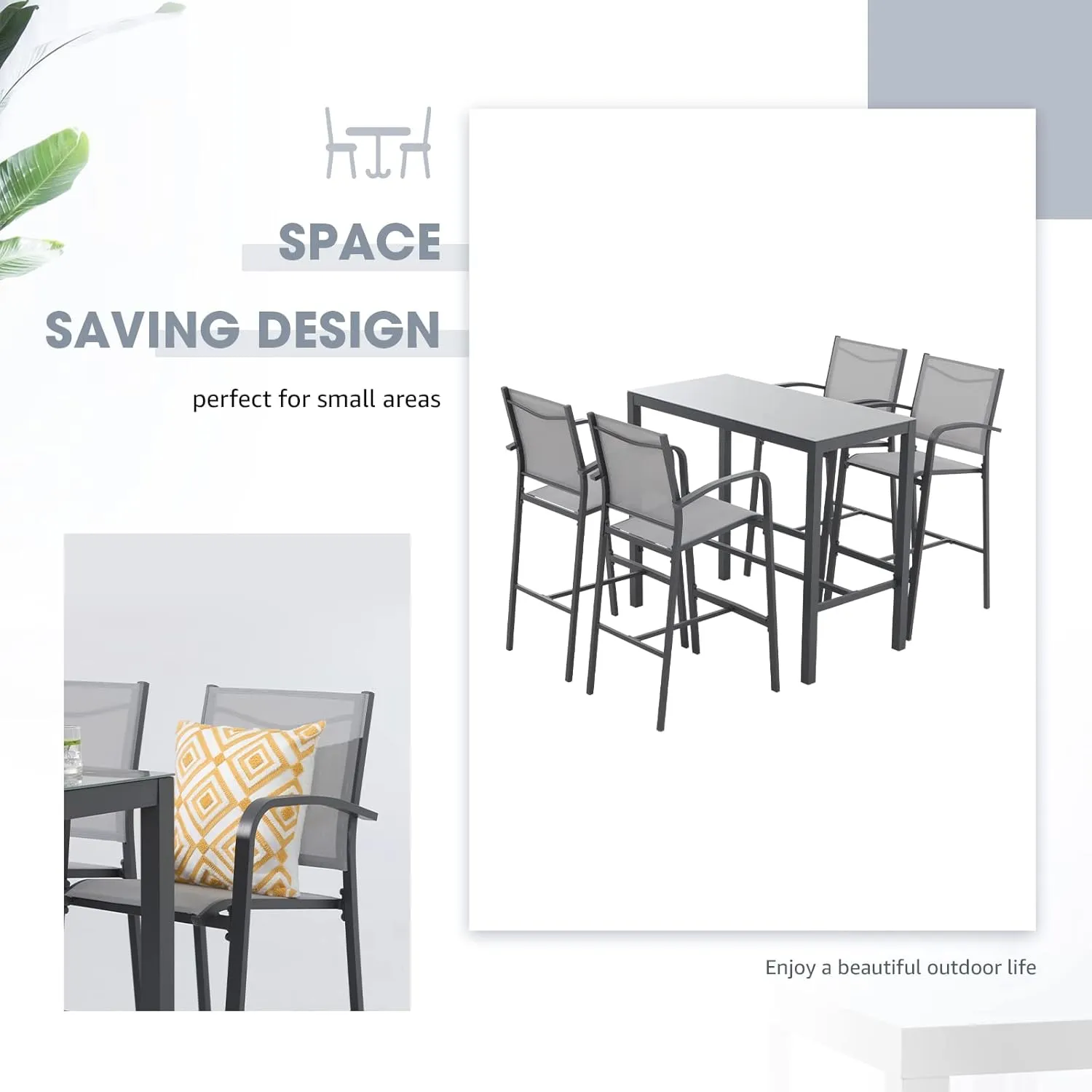 OC Orange-Casual Outdoor Bar Stool Set of 4, All-Weather Aluminum Textile Fabric High Top Patio Dining Chair, Counter Height Metal Barstool High Back Armchair, for Backyard, Porch, Balcony, Grey