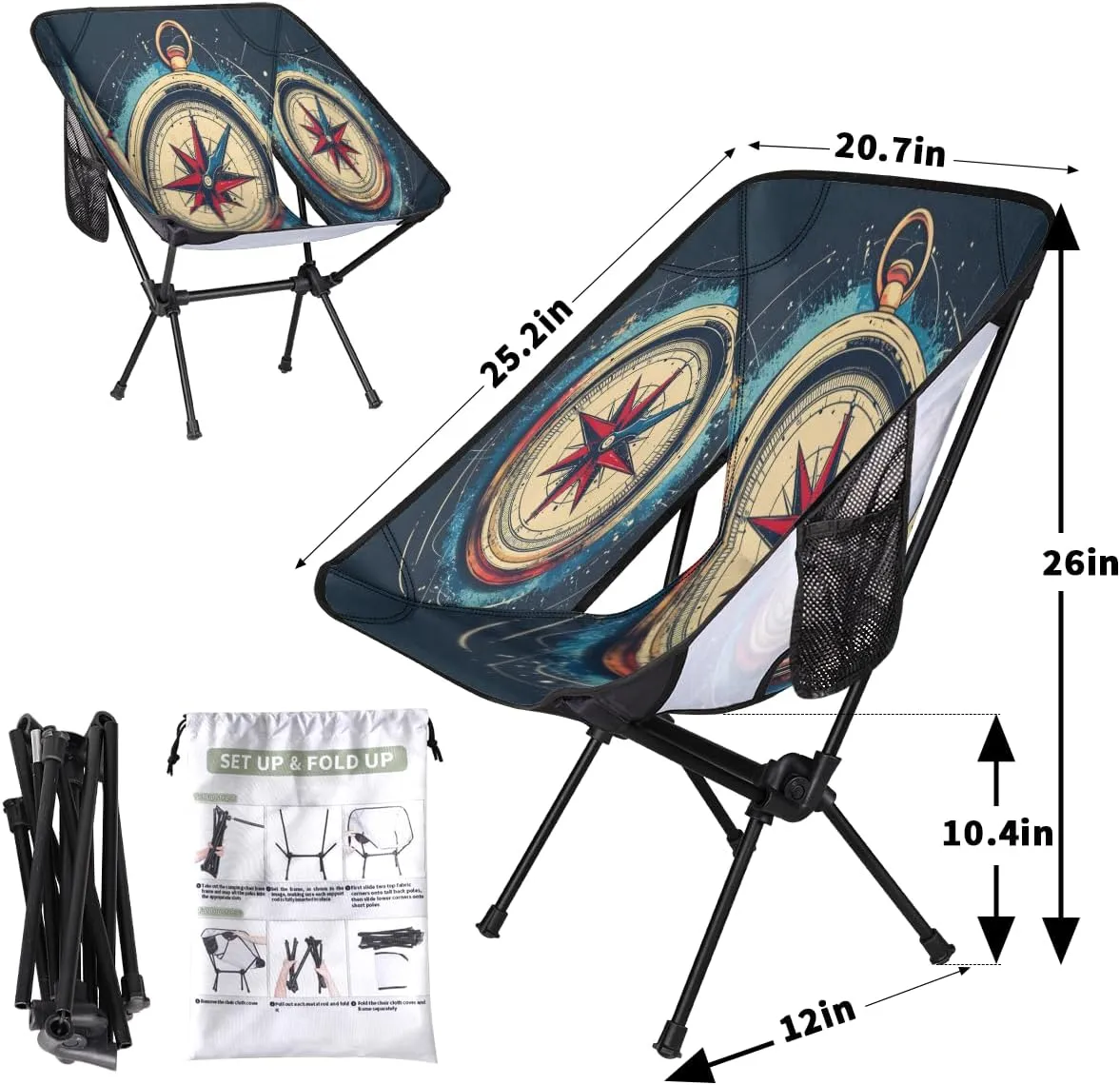 Ocean Compass Portable Camping Chair Lightweight Folding Backpacking Chair, Compact Foldable Beach Seat with Carry Bag for Outdoor Hiking Fishing Travel