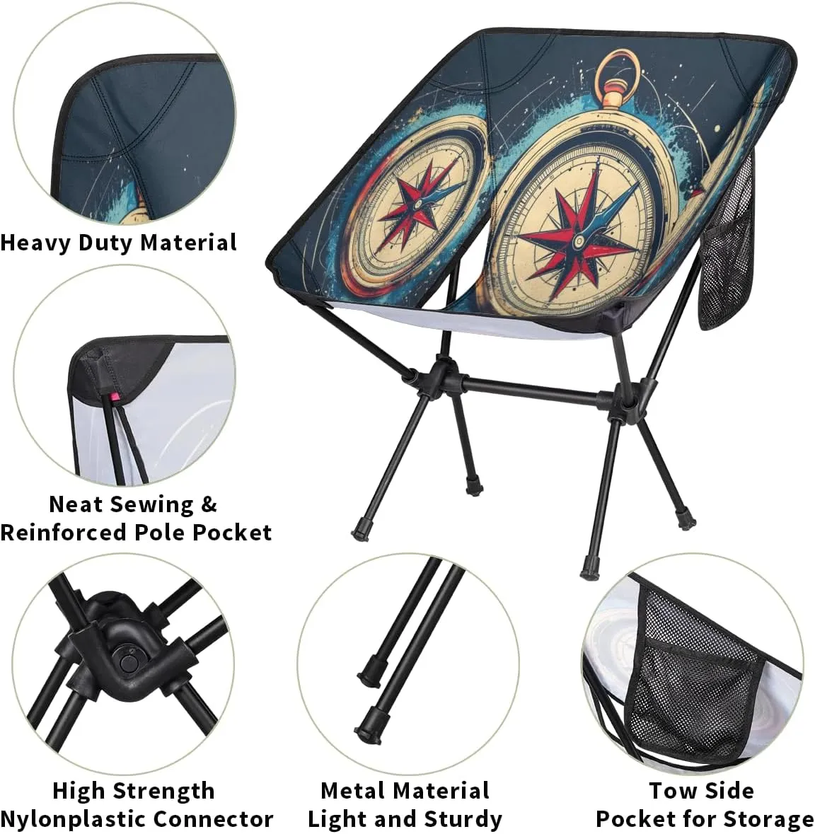 Ocean Compass Portable Camping Chair Lightweight Folding Backpacking Chair, Compact Foldable Beach Seat with Carry Bag for Outdoor Hiking Fishing Travel