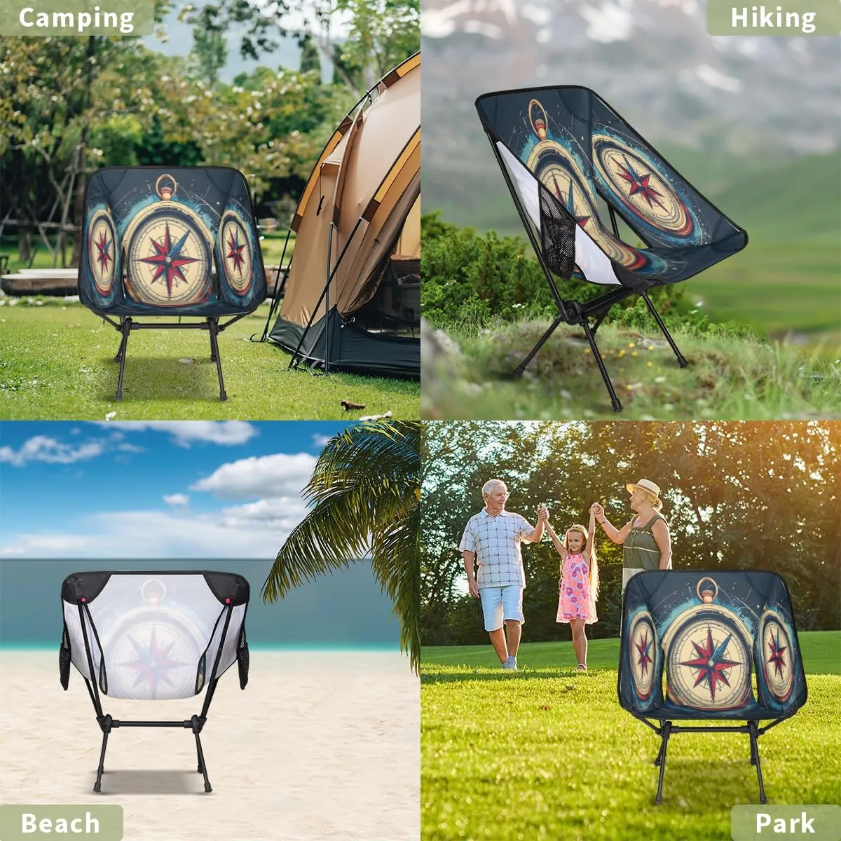 Ocean Compass Portable Camping Chair Lightweight Folding Backpacking Chair, Compact Foldable Beach Seat with Carry Bag for Outdoor Hiking Fishing Travel