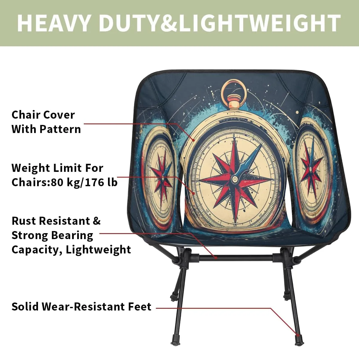 Ocean Compass Portable Camping Chair Lightweight Folding Backpacking Chair, Compact Foldable Beach Seat with Carry Bag for Outdoor Hiking Fishing Travel