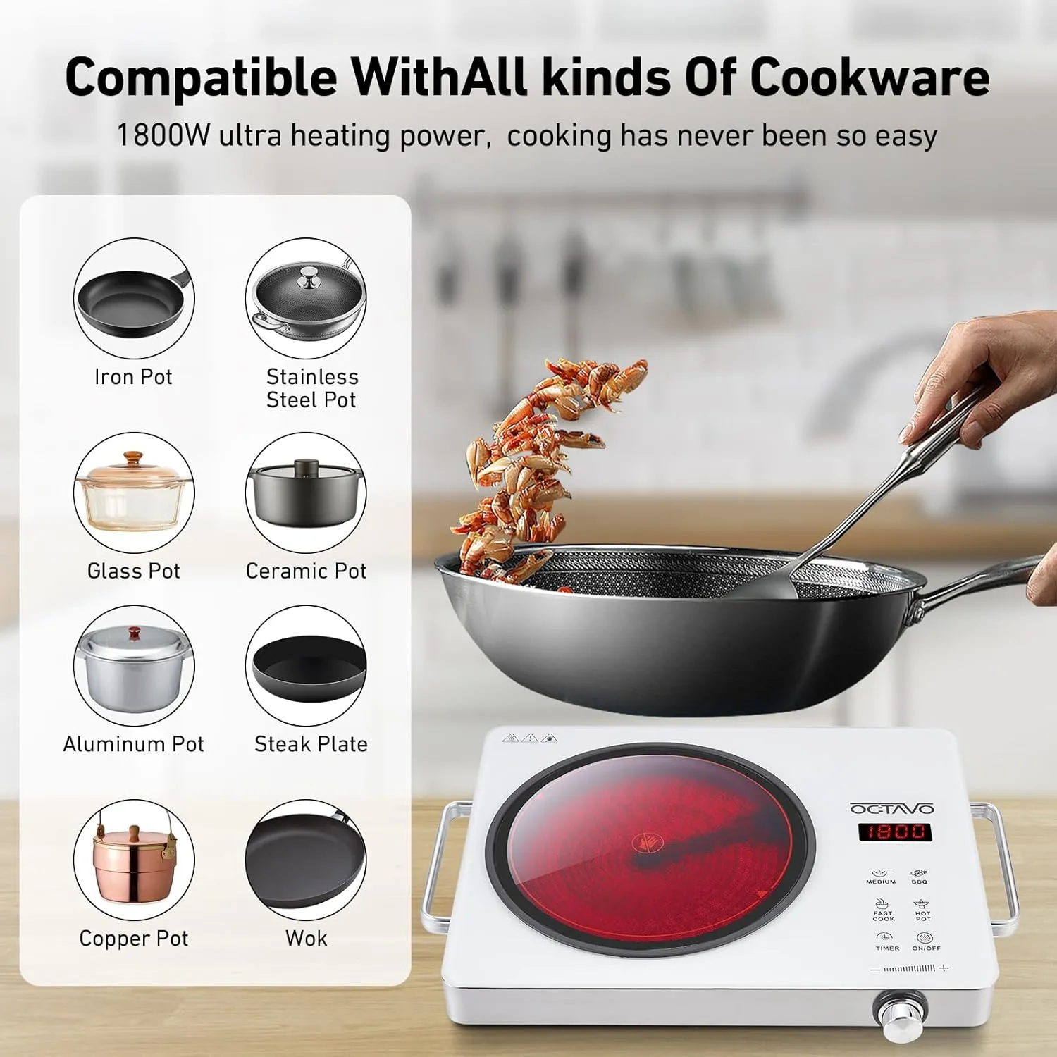 OCTAVO 1800 Watt Portable Infrared Burner, electric burner with 4 Hours Timer, Electric Hot Plate with Touch Control Panel Adjustable Heating Power, Glass Infrared Cooktop for Cooking Portable White