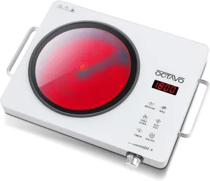 OCTAVO 1800 Watt Portable Infrared Burner, electric burner with 4 Hours Timer, Electric Hot Plate with Touch Control Panel Adjustable Heating Power, Glass Infrared Cooktop for Cooking Portable White