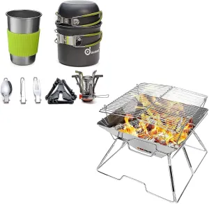 Odoland Bundle – 2 Items 9pcs Camping Cookware Kit and Folding Campfire Grill, Camping Fire Pit, Outdoor Wood Stove Burner, 304 Premium Stainless Steel for Outdoor Backpacking Hiking BBQ