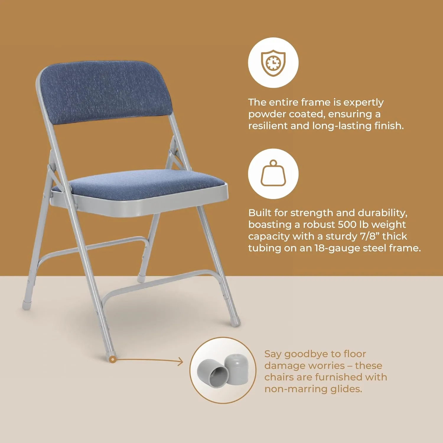 OEF Furnishings Deluxe Fabric Upholstered Folding Chair, Blue/Grey – Sturdy Double Hinge Frame with Plush Padding