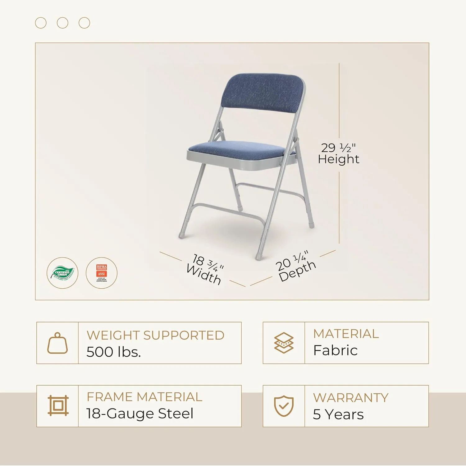 OEF Furnishings Deluxe Fabric Upholstered Folding Chair, Blue/Grey – Sturdy Double Hinge Frame with Plush Padding