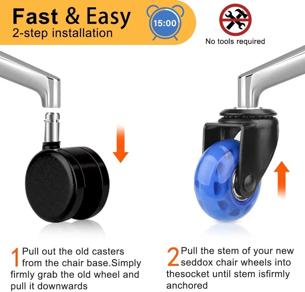 Office Chair Caster Replacement Wheel for Hardwood Floor and Carpet,2" Heavy Duty Universal Floor Safe Caster Set of 5,Rubber Wheels Office Chair to Replace Office Chair mats,fits 98% Chairs