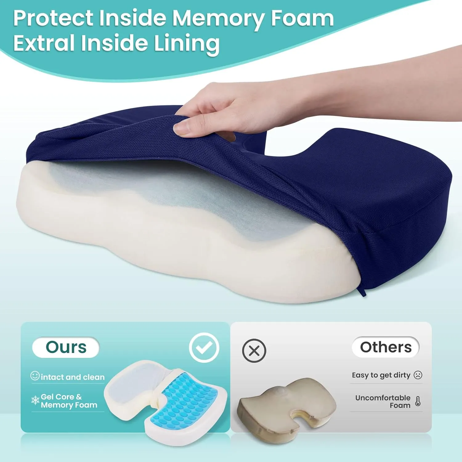 Office Chair Seat Cushion, Cooling Gel Enhanced Memory Foam Cushion for Long Sitting - Back, Sciatica, Coccyx, Tailbone Pain Relief Pillow - for Office, Gaming, Car, Wheelchair - Blue, Large