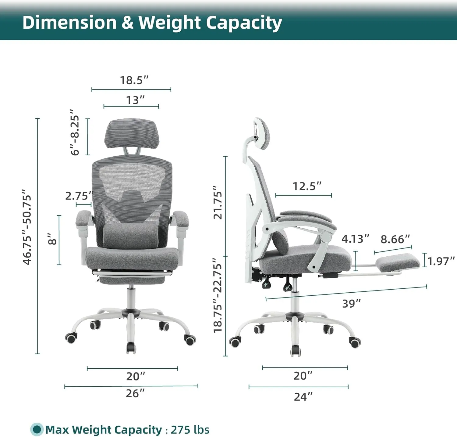 Office Computer Desk Chair, Gaming Chairs for Adults, High-Back Mesh Rolling Swivel Reclining Chairs with Wheels, Comfortable Lumbar Support, Comfy Arms for Home, Office, Gaming, Student