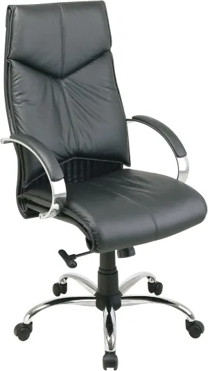 Office Star 8200 Series Deluxe High Back Executive Leather Office Chair with Chrome Base and Padded Loop Arms, Black
