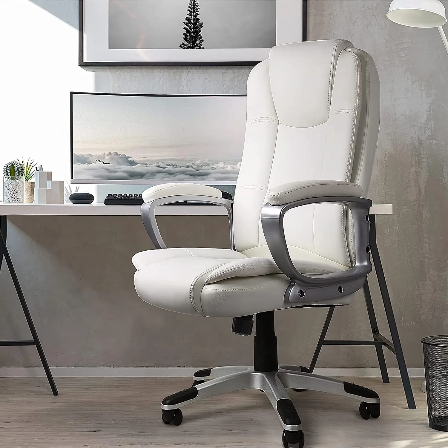 OFIKA Home Office Chair, Ergonomic Desk Chair, Adjustable Task Chair for Lumbar Back Support, Computer Chair with Rolling Swivel and Armrest, Modern Executive High Back Leather Chairs (Cream White)