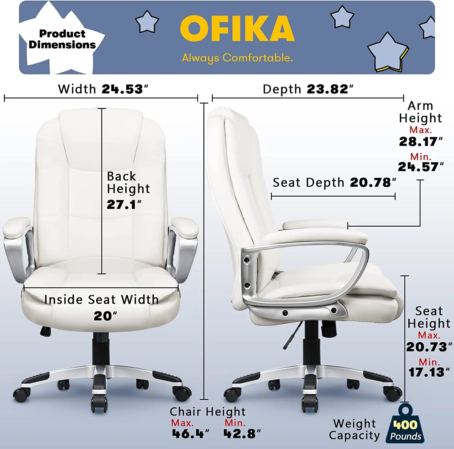 OFIKA Home Office Chair, Ergonomic Desk Chair, Adjustable Task Chair for Lumbar Back Support, Computer Chair with Rolling Swivel and Armrest, Modern Executive High Back Leather Chairs (Cream White)