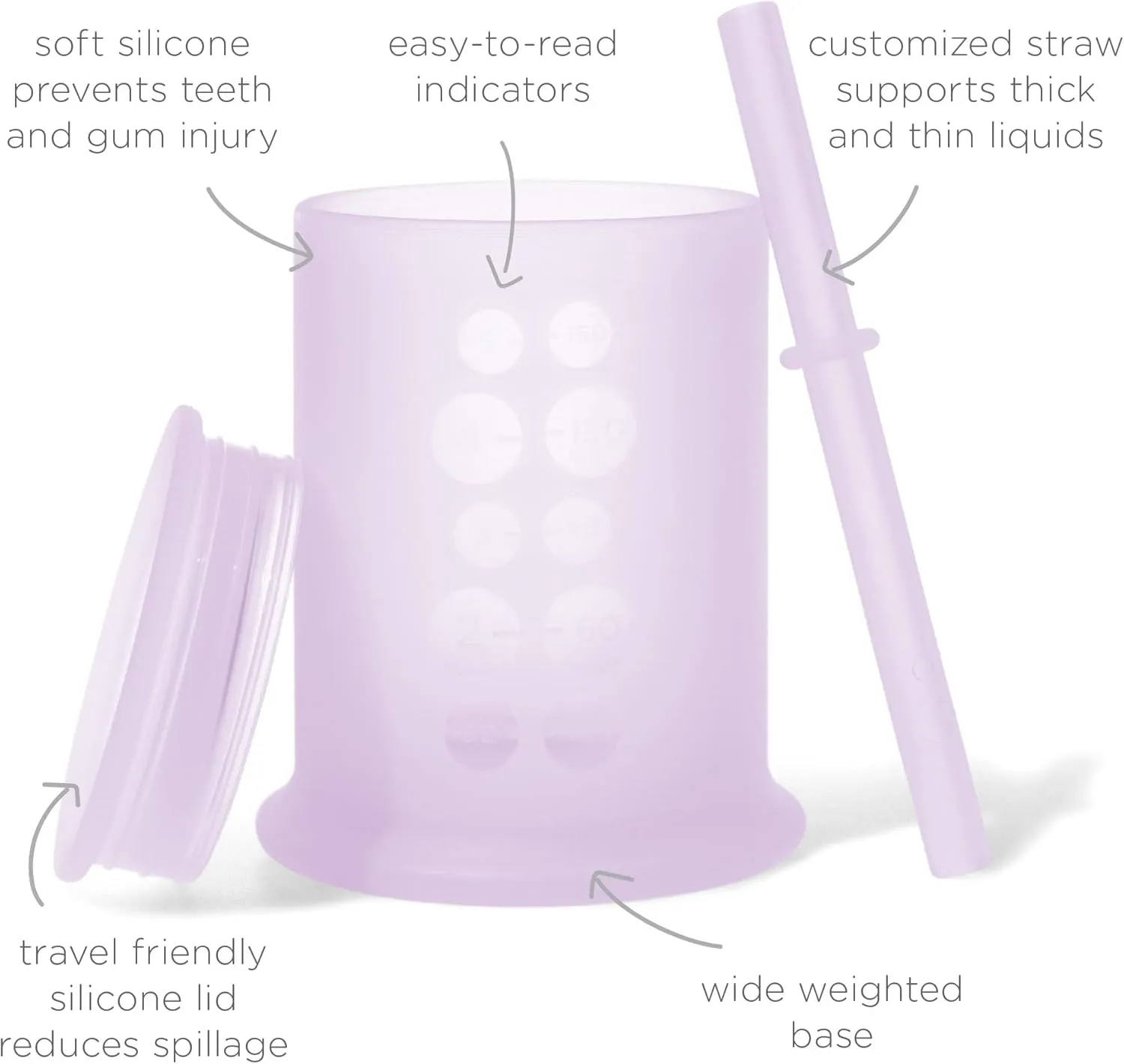 Olababy Silicone Training Cup with Straw Lid | Babies Water Drinking Cup | 6  Mo Infant To 12-18 Months Toddler | Sippy Cup For Kids & Smoothie Cup | Baby Led Weaning (Lilac, 5 oz)