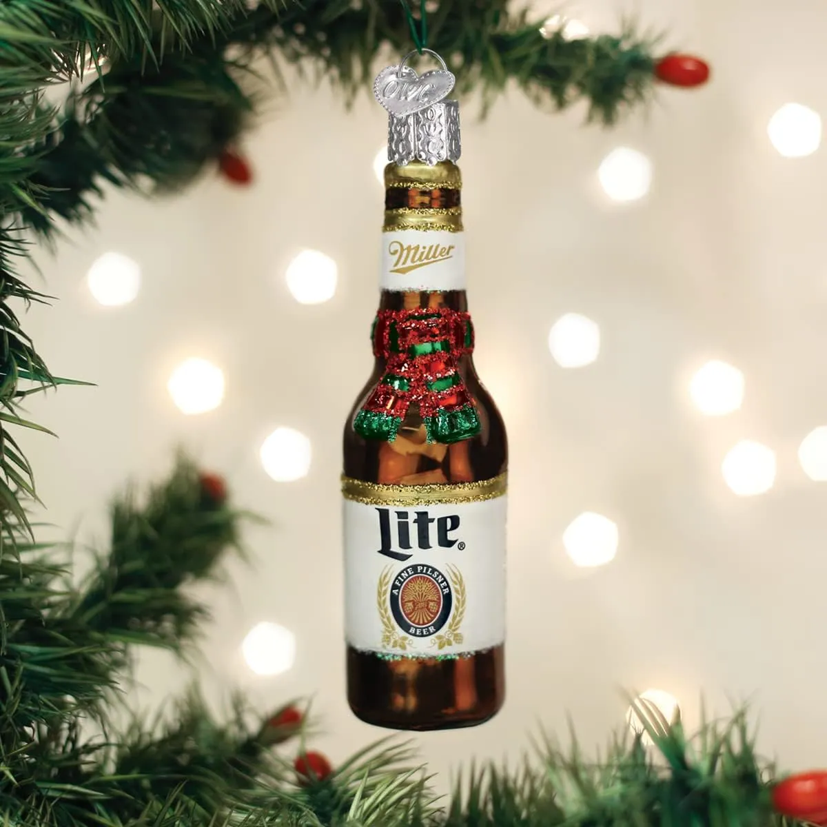 Old World Christmas Holiday Miller Lite Bottle Glass Blown Ornament for Christmas Tree
