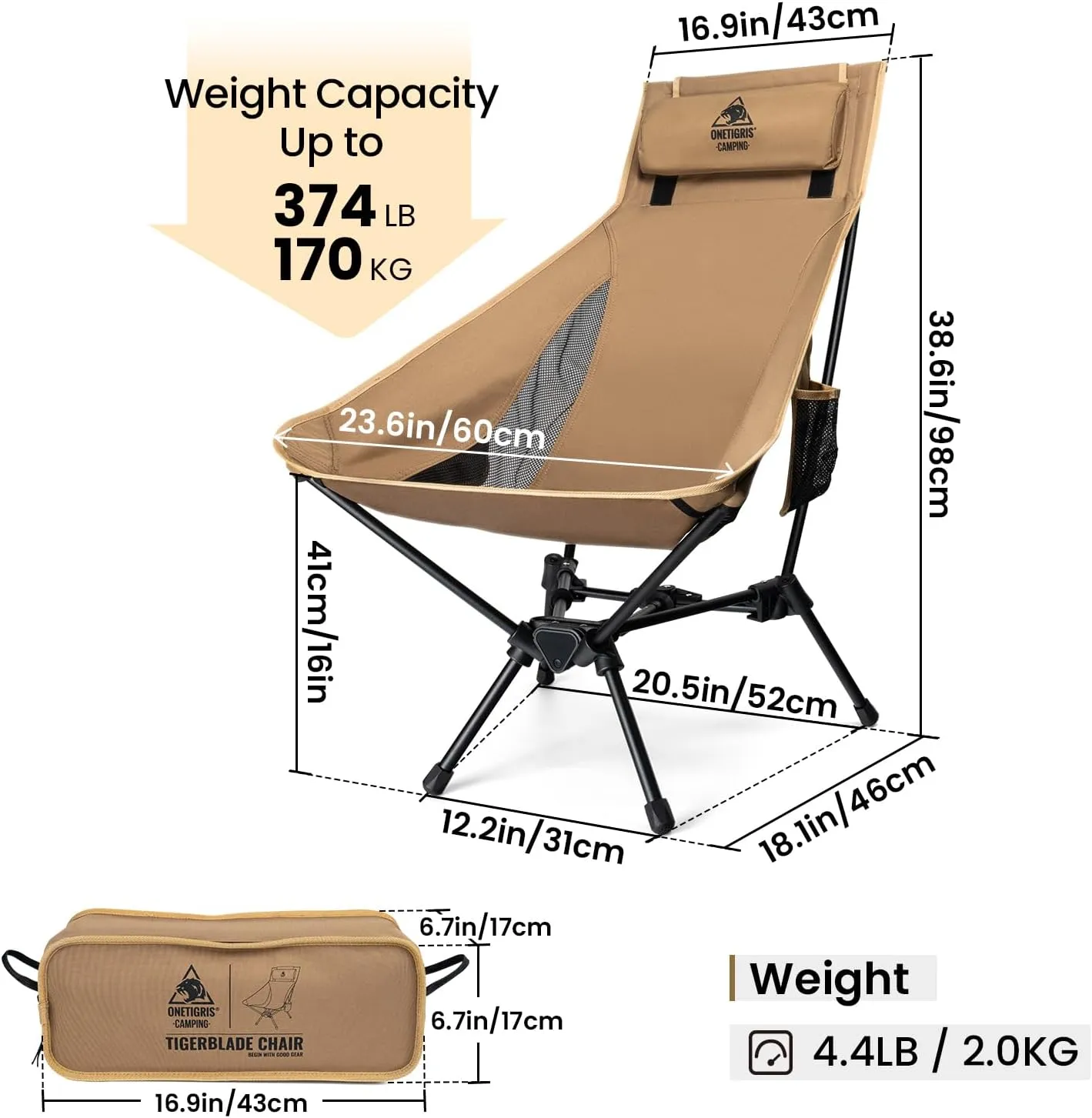 OneTigris Tigerblade High Back Camping Chair with Pillow Design, Comfortable Widened Seat Folding Chair