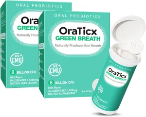 Oral Probiotics Green Breath, Freshen Bad Breath, Dental Probiotic Supplement for Oral Health, 8 Billion CFU, Mint Flavor 30 Lozenges 2-Pack