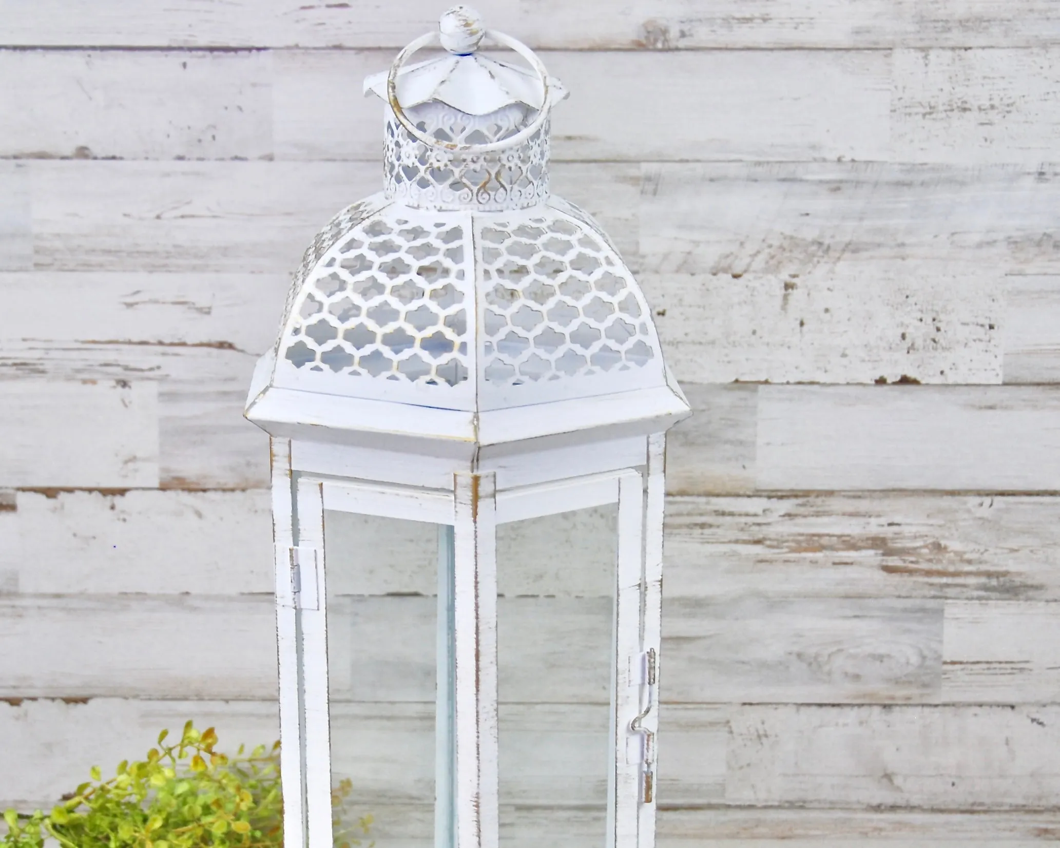 Ornate distressed shabby white candle lantern