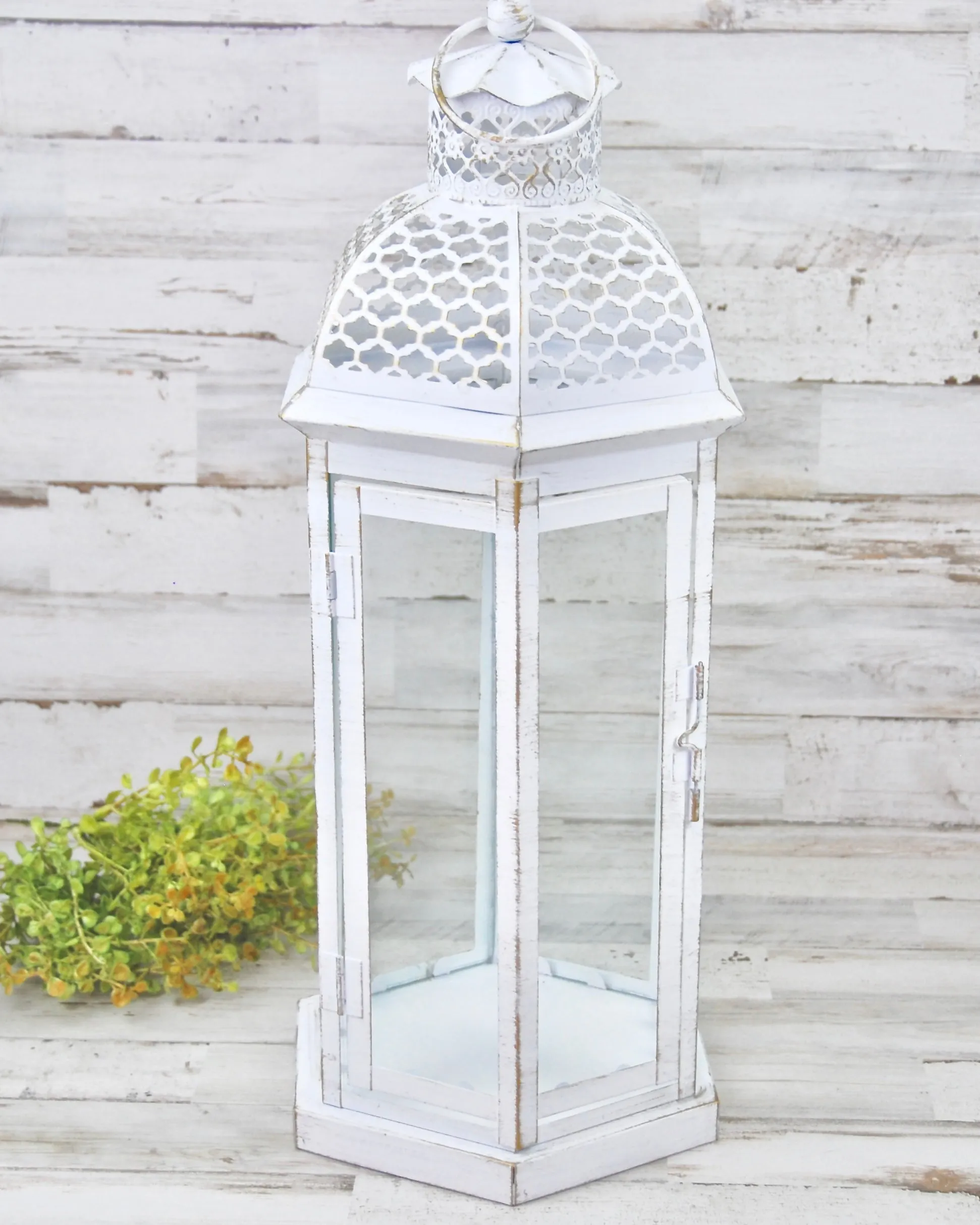 Ornate distressed shabby white candle lantern