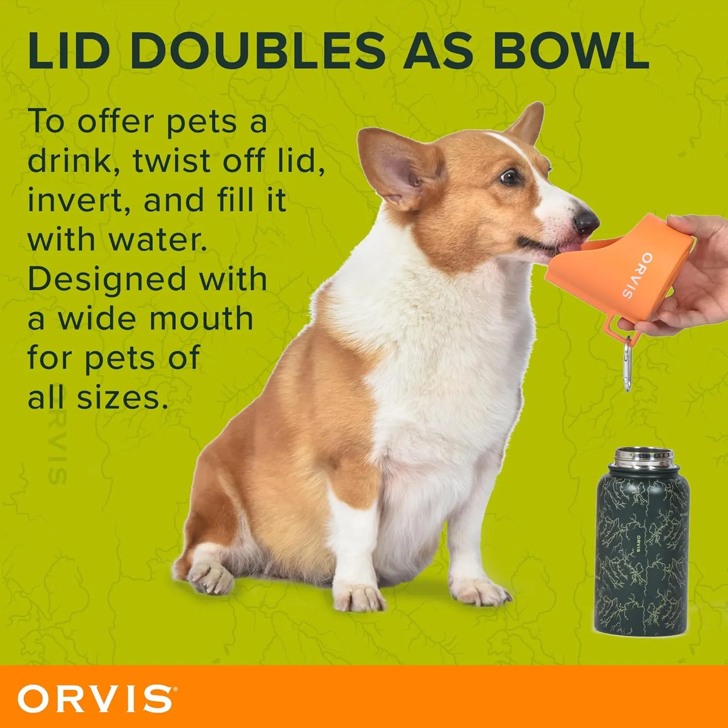 Orvis Dog Travel Water Bottle, 25oz Capacity | Portable Pet Waterer with Built-in Bowl | Stainless Steel, High Visibility Orange Lid