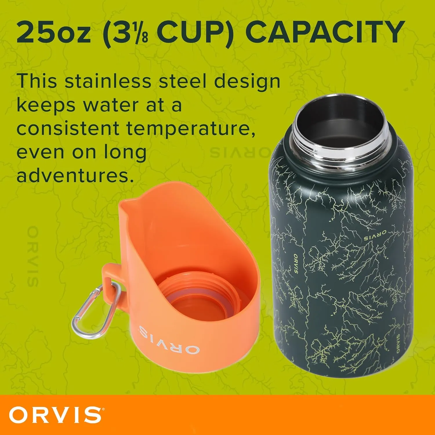 Orvis Dog Travel Water Bottle, 25oz Capacity | Portable Pet Waterer with Built-in Bowl | Stainless Steel, High Visibility Orange Lid