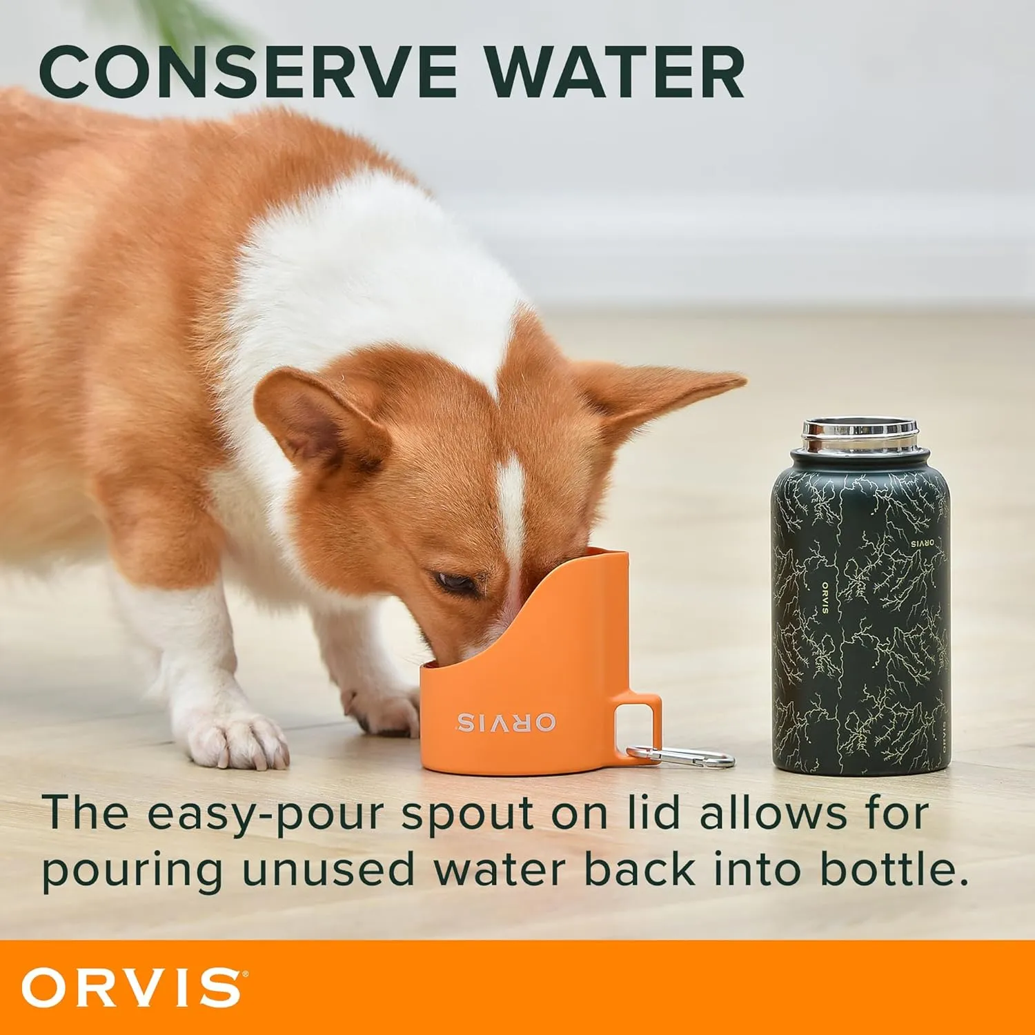 Orvis Dog Travel Water Bottle, 25oz Capacity | Portable Pet Waterer with Built-in Bowl | Stainless Steel, High Visibility Orange Lid