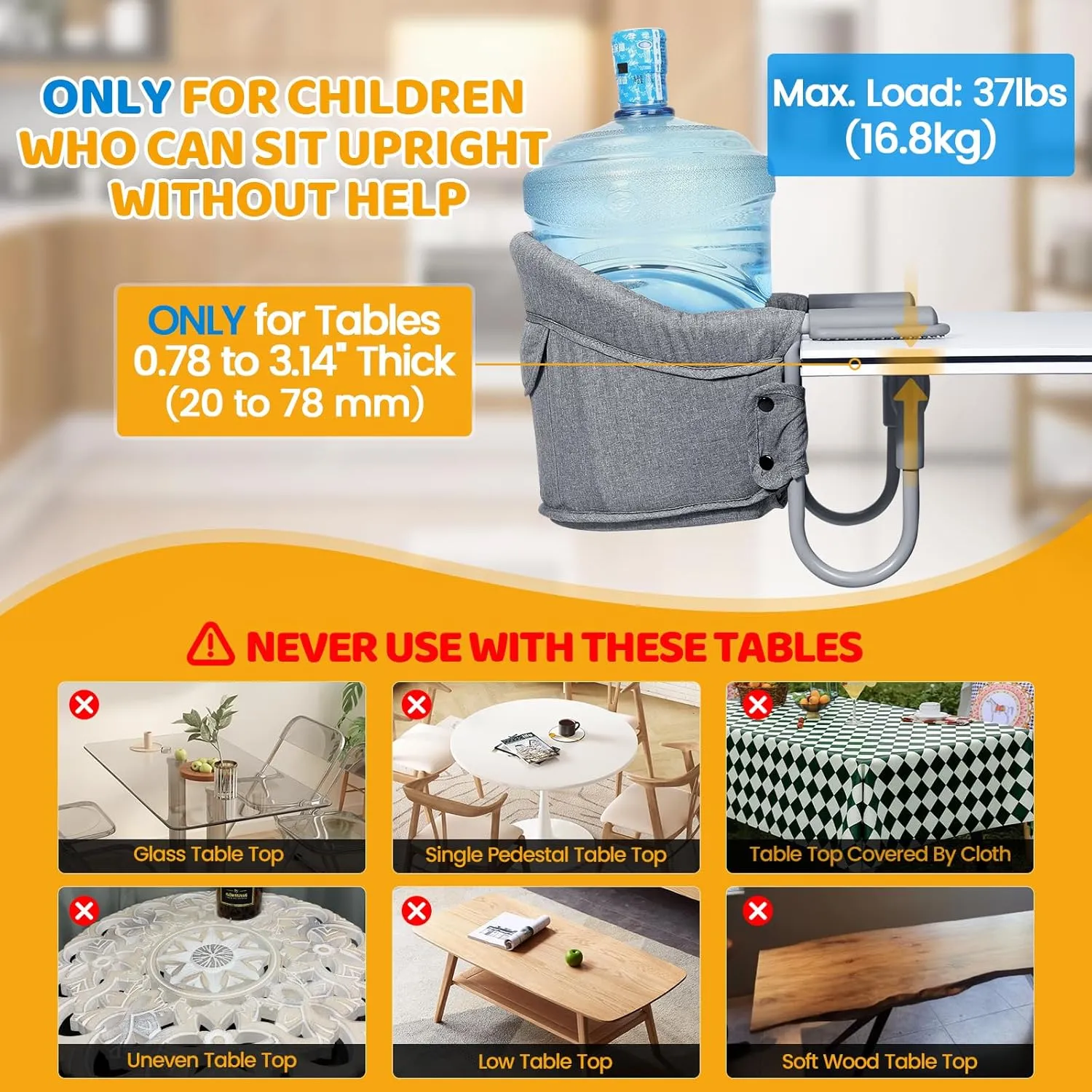 Orzbow Hook On High Chair, Portable Table Highchair Seat for Babies & Toddlers 6-36 Months, Collapsible Clip On Counter High Chair with Carry Bag for Travel, Home and Restaurant, Easy Clean, Gray