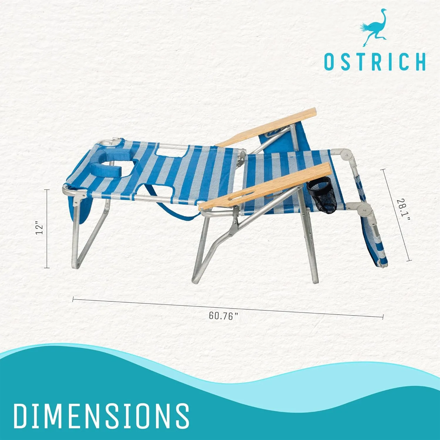 Ostrich 3N1 Lightweight Lawn Beach Reclining Lounge Chair with Footrest, Outdoor Furniture for Patio, Balcony, Backyard, or Porch, Blue Stripe