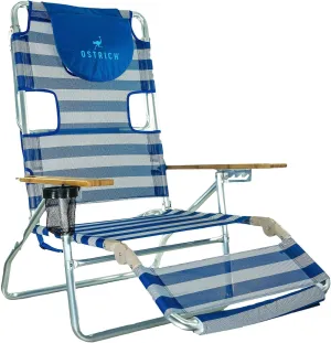 Ostrich 3N1 Lightweight Lawn Beach Reclining Lounge Chair with Footrest, Outdoor Furniture for Patio, Balcony, Backyard, or Porch, Blue Stripe