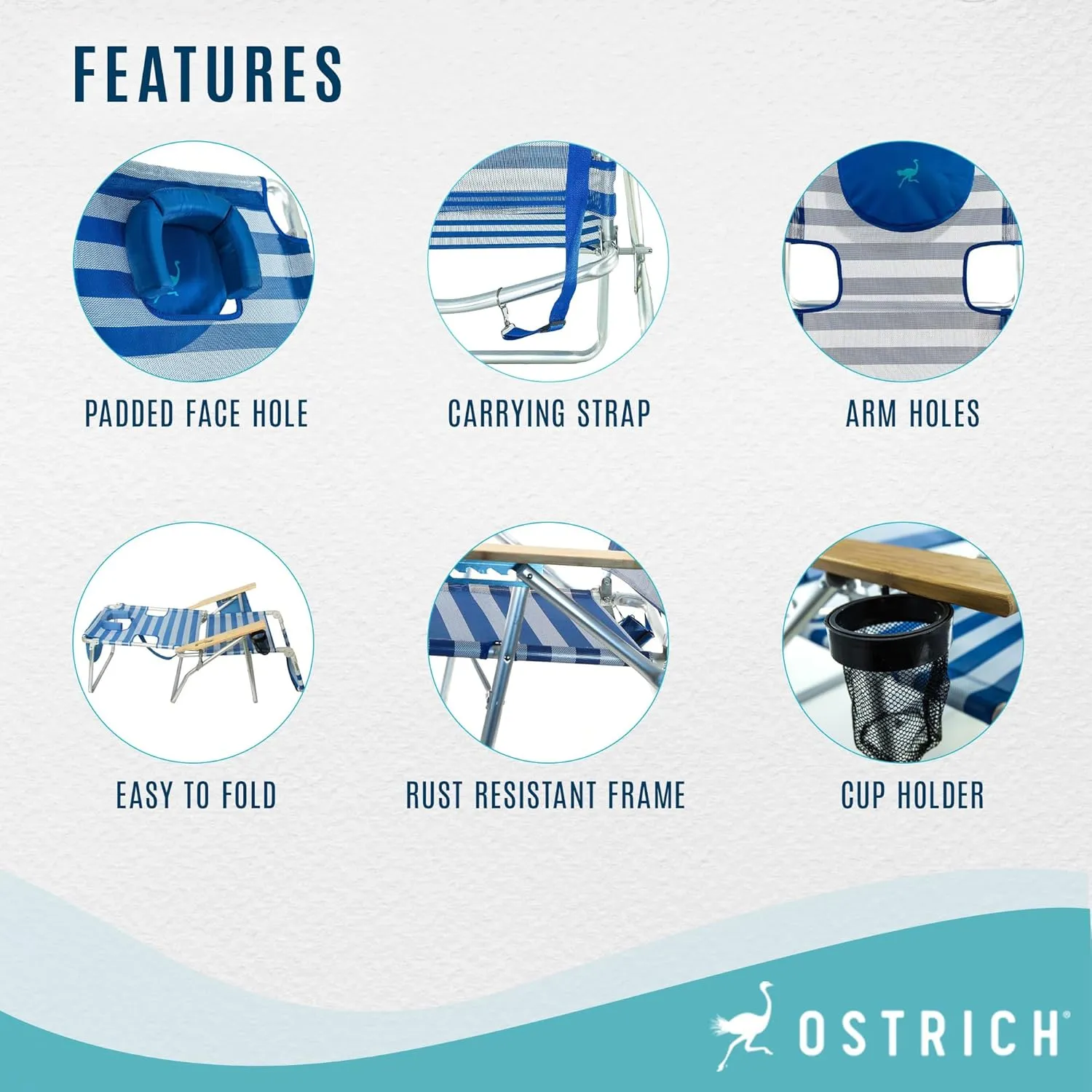 Ostrich 3N1 Lightweight Lawn Beach Reclining Lounge Chair with Footrest, Outdoor Furniture for Patio, Balcony, Backyard, or Porch, Blue Stripe