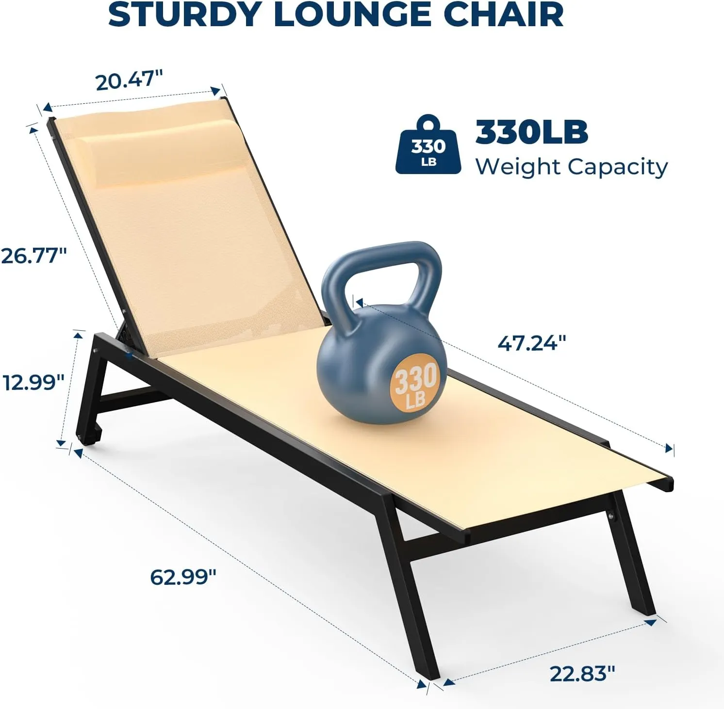 Outdoor Aluminum Lounge Chair -Set of 2 with 5 Position Adjustable Backrest, Textilene Fabric, Two Wheels, Headrest for Pool, Beach, Beige