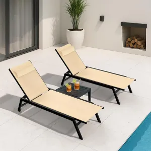 Outdoor Aluminum Lounge Chair -Set of 2 with 5 Position Adjustable Backrest, Textilene Fabric, Two Wheels, Headrest for Pool, Beach, Beige