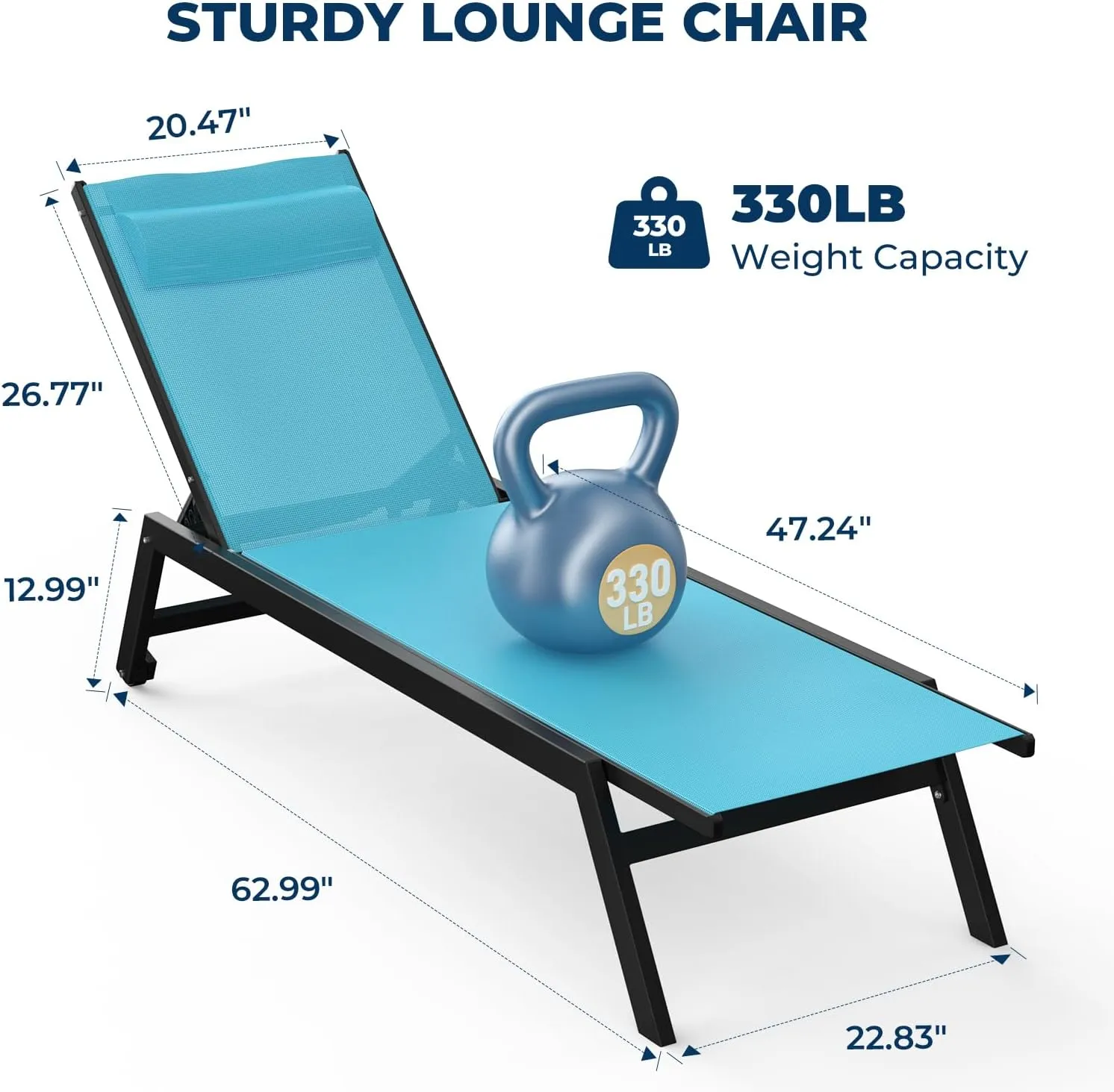 Outdoor Aluminum Lounge Chair -Set of 2 with 5 Position Adjustable Backrest, Textilene Fabric, Two Wheels, Headrest for Pool, Beach, Turquoise