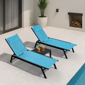 Outdoor Aluminum Lounge Chair -Set of 2 with 5 Position Adjustable Backrest, Textilene Fabric, Two Wheels, Headrest for Pool, Beach, Turquoise