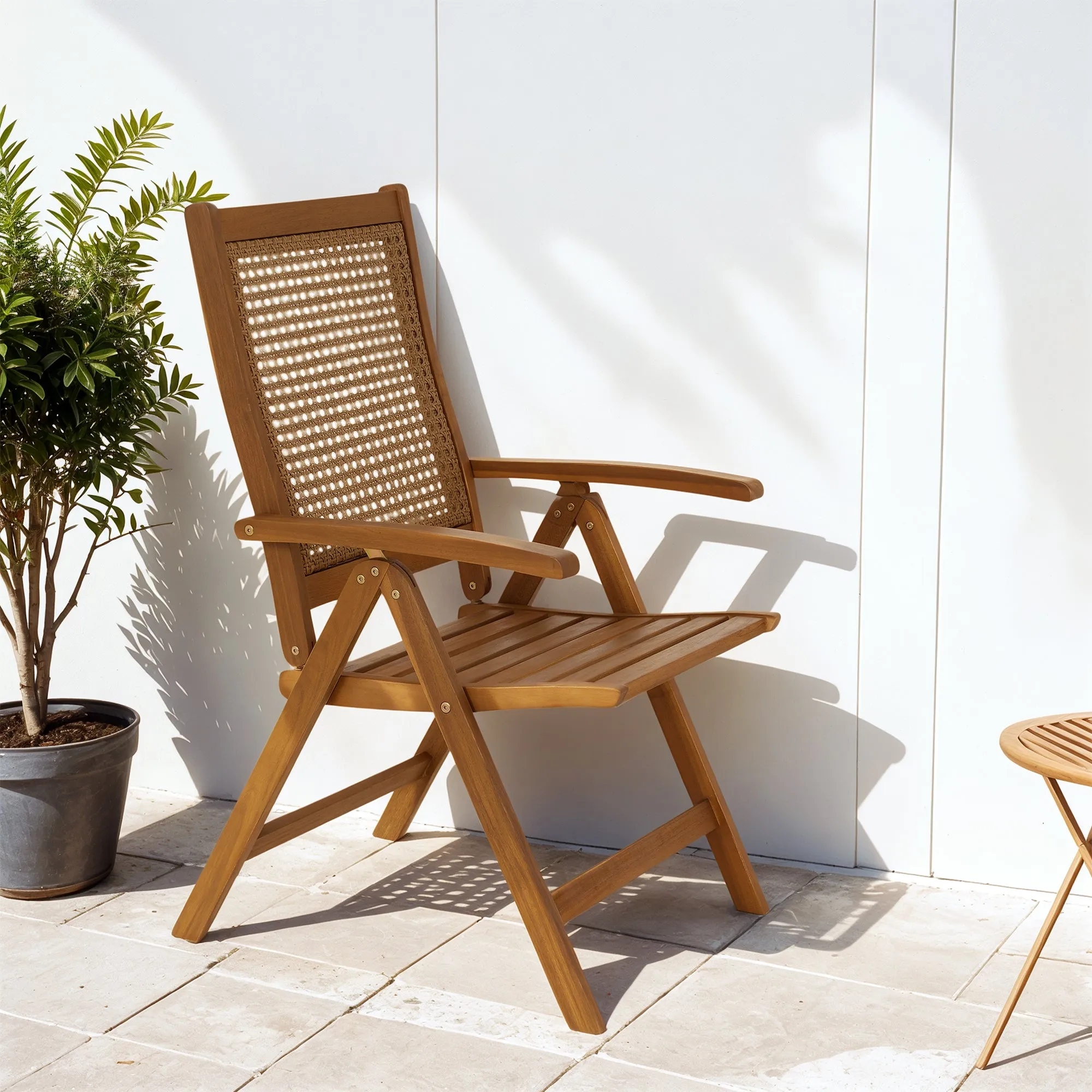 Outdoor Folding Chair, Acacia Wood Foldable Camping Chair with 5-Level Adjustable Back, Slatted Seat, Armrest for Camping, Garden, Pool, Beach, Backyard, Teak
