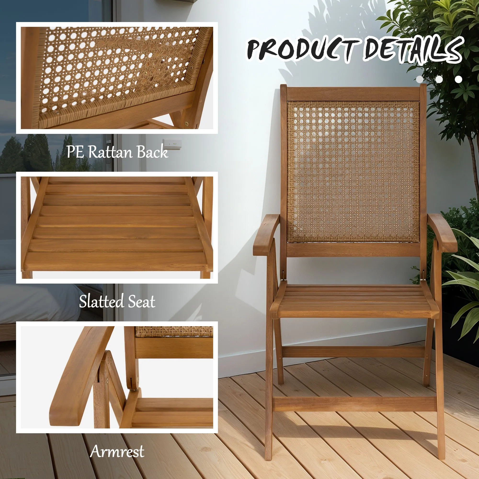 Outdoor Folding Chair, Acacia Wood Foldable Camping Chair with 5-Level Adjustable Back, Slatted Seat, Armrest for Camping, Garden, Pool, Beach, Backyard, Teak