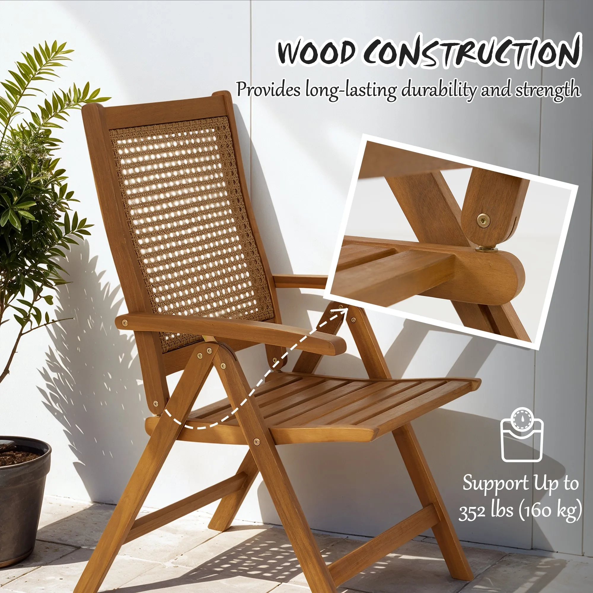 Outdoor Folding Chair, Acacia Wood Foldable Camping Chair with 5-Level Adjustable Back, Slatted Seat, Armrest for Camping, Garden, Pool, Beach, Backyard, Teak