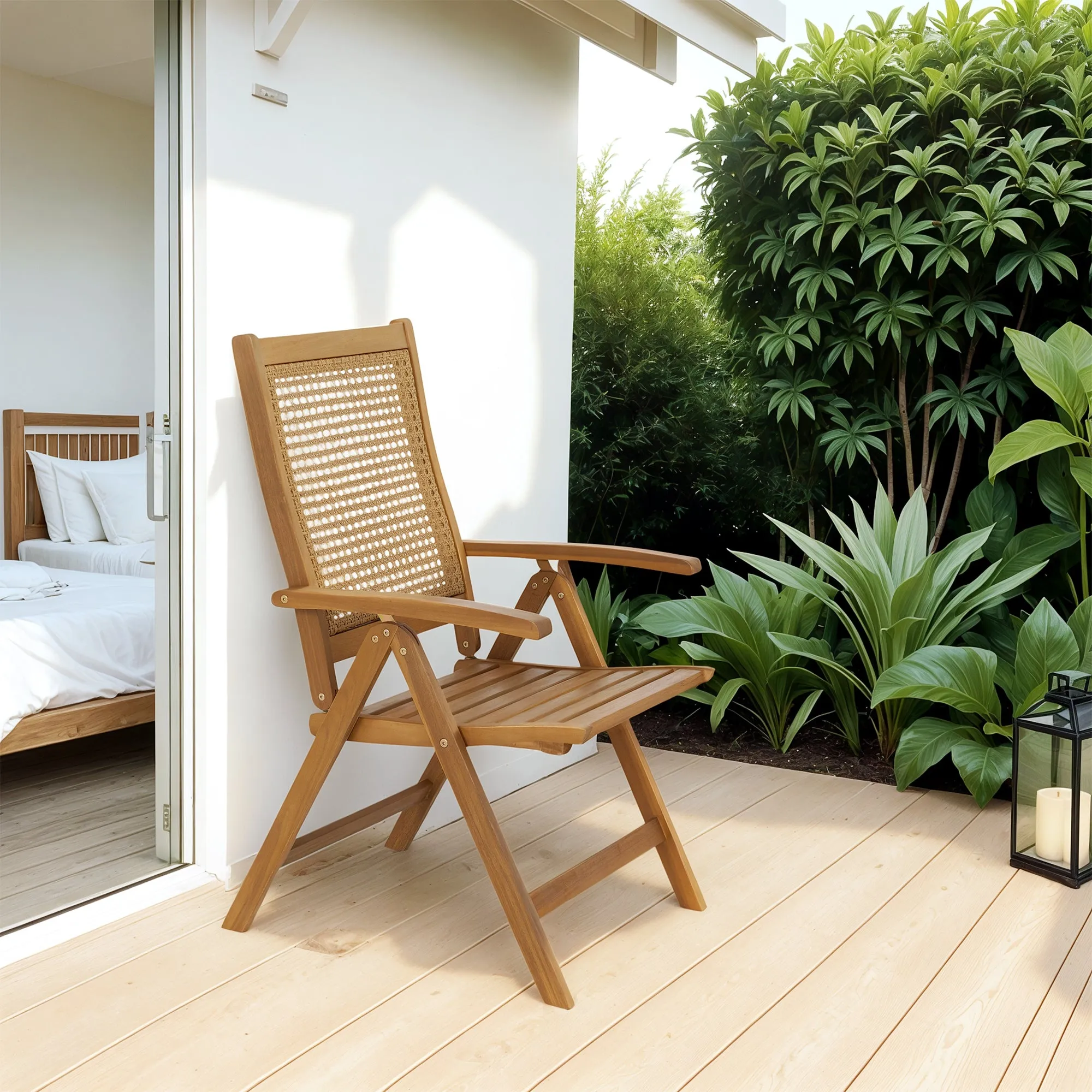 Outdoor Folding Chair, Acacia Wood Foldable Camping Chair with 5-Level Adjustable Back, Slatted Seat, Armrest for Camping, Garden, Pool, Beach, Backyard, Teak